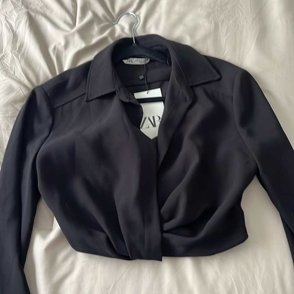 NWT Black Zara Collared Cropped Blouse